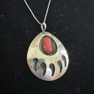 NAVAJO 925 Sterling Silver - Vintage Red Coral Bear Claw Print Pendant Necklace